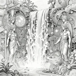 innovative waterfall the ancient gods glitchcore landscape, Precise and Intricate Linework, Art Nouveau Cosmic 4k Detailed Matte Illustration trending on Flickr ,CGSociety, Crimson and Ecru color scheme, Pastiche by Albrecht Dürer, Pastiche by Don Maitz