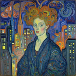 hyper realistic film still of a woman in a dream city, by moebius, by hernst haeckel, by munch, by schiele, pastel flat colours, highly detailed, ornate, thick lines, lights by hopper
