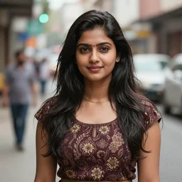 color portrait Mid-shot of an beautiful 20-year-old Indian woman, street portrait in the style of Mario Testino award winning