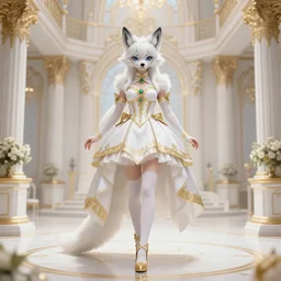 full body shot of female anthro furry wolf princess fursona with white hair full wearing a white and gold dress in a white and gold palace, by Wlop and jerry park, artstation, detailed