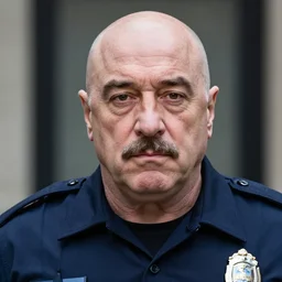 portrait photo of a fat and bald Robert deniro with a mustache and tiny eyes as a policeman, detailed