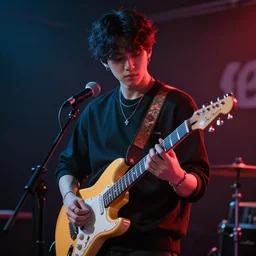 a young korean man plays electric guitar on stage, dramatic lighting, glowy, matte colors, fascinating music, by conrad roset, dramatic digital art, trending on artstation