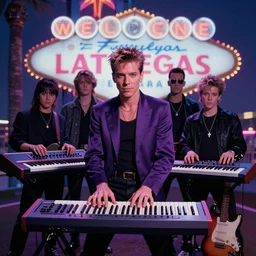 8 0's synthesizer band, anton corbijn, purple, pink, blue, posed, album cover, las vegas background, duran duran, synthesizer, guitar, atmospheric lighting. highly detailed 8 0's style photo.