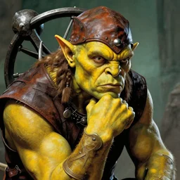 still from lord of the rings of head and shoulders portrait, ogre, yellow skin, portayed by elon musk, bald, leather tunic, leather cap, gigantic, ballista, the thinker, elf, d & d, high fantasy, by donato giancola, facial detail, extremely detailed, comic book cover photo