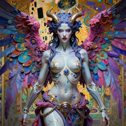 hyper detailed masterpiece evil angel girl warrior by donato giancola and tom bagshaw, face by artgerm and edmund leighton, and alphonse mucha, trending on artstation, colorful, psychedelic aesthetic, ornate, background by gustav klimt, 8 k, biomechanical, majestic, volumetric lighting, porcelain skin, concept art, sharp focus