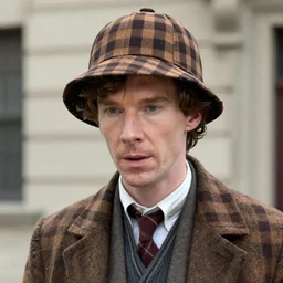 benedict cumberbatch as sherlock holmes, wearing checkered deerstalker hat