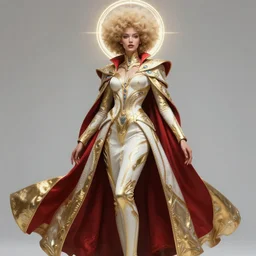 detailed beautiful noun in opened white gold red coat, seductive confident pose, attractive feminine curves, intricate details, afrofuturism, futuristic, alien, elegant cape, elegant, photorealism, trending on artstation, holy halo, advanced technology, art by moebius and vitaly bulgarov and chanthara