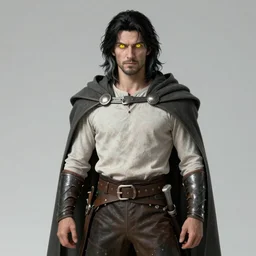 Photo of the character of the Breton race with pale ash-colored skin, glowing bright yellow eyes with vertical pupils, black thick hair with a touch of gray to the shoulders, with neat stubble, similar to a small beard and with a strong build. He wore a plain old shirt, with a light leather armor over it, and leather pants with a belt, and a floor-length hooded cloak over his back, beautiful light, cinematic, shrap focus, illustration, full body, elegant, highly detailed, 8k, photorealism