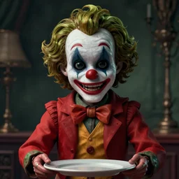 medium close up of a animatronic jocker serving 🍦, dimly lit, haunting atmosphere, real - hair, photorealistic hyperdetailed 3 d matte painting, hyperrealism, hyperrealistic, cinematic, silent hill, horror style, unrealengine octane render,