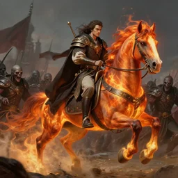 ainz ooal gown leading his undead army to battle riding a flaming horse, undead soldiers in background, highly detailed, deep focus, elegant, artstation, digital painting, smooth, sharp focus, illustration, ultra realistic, 8 k, art by theodore chassiorio by ivan aivazovsky by pedro americo