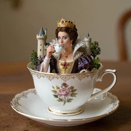 “A castle inside of a teacup. A Queen is taking a sip from the teacup.”