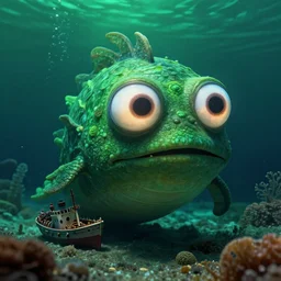 detailed effervescent underwater ocean scene, a close up of a funny sea monster creature with detailed large glowing eyes and scales, next to a small shipwreck on the seabed, by maurice sendak, shaun tan made in hyperrealistic 3 d, octane render, dark green colours, sharp focus, 8 k, nighttime