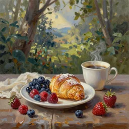 berries and coffee, cozy breakfast, oil paint