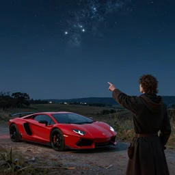 a man pointing to the northern star in the sky, lamborghini red car in the background, over - the - shoulder shot, night time, middle ages, wide angle, oil painting
