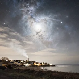 a beautiful double exposure of the astronomy picture of the day, nebula, a rural seaside city, landscape at night, soft white light, muted, neutral light, light blue tones, chimney smoke, long exposure clouds, watercolour painting