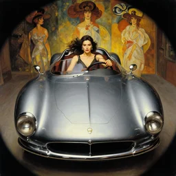 3 d fisheye, very low angle, wide angle, painting showing olivia munn driving exaggerated 1 9 3 0 s car with woman driving, shiny, aerodynamic, dramatic lighting, sultry, sensual, vargas, greg rutkowski, manara, mucha, moebius, elvgren, joshua middleton, wlop, loish