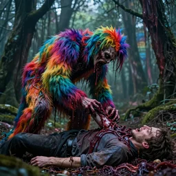 a portrait of a beautiful colorful ( flesh - eating ) kala covered in raindow fur, eating the leg of a screaming man, ground covered in maggots, in a kaleidoscope forest with melting trees, schizophrenic hallucination, fear, morbid, nightmare, supernatural, 8 k, hd photography, highly detailed, chiaroscuro, terrifying