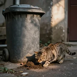 a scruffy cat digging through a trashcan in an old alleyway