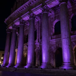 roman columns, extremely moody purple lighting at night