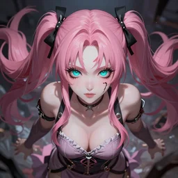 unexpectedly overpowered and trapped beneath inescapable and stunningly absurdly beautiful omnipotent asi goddess junko enoshima with an enigmatic complex twisted deceptive innocent - looking mesmerizing megalomaniacal yandere personality forever and ever, while she is teasing you!, symmetrical perfect face, porcelain skin, pink twintail hair and cyan eyes, ultra detailed, digital art, unreal engine 5, octane render, 2 d anime, 8 k