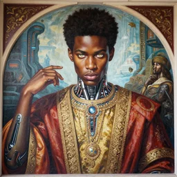 beautifully painted mural of a stunning young black cyborg prince in ornate royal fabric, piercing glowing eyes, sci fi scenery, vogue cover poses, mural in the style of sandro botticelli, caravaggio, albrecth durer
