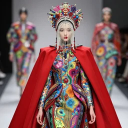 a female character design wearing high fashion, beads hanging over her face like an alexander mcqueen headdress, costume by eiko ishioka, haute couture, dior, and a red cape by moebius, steven outram, colourful and psychedelic, hd, 8 k, artstation, high quality, ultra detailed