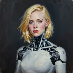 a striking hyper real oil painting of Elle Fanning with cybernetics in the style of Blade Runner