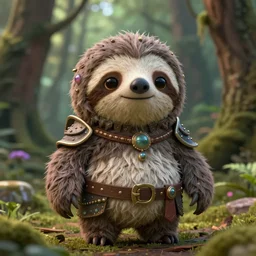 little cute fluffy forest sloth, evil, inspiring, adorable, anthro, guardian, dnd, woodland realm, fantasy armored attire!! strange fantasy equipment!! octane render, unreal engine 5, hyper realistic, 8 k