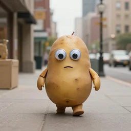 a film still of a charming potato walking about town. googly eyes. cardboard architecture city sidwalk. depth - of - field. rule - of - thirds.