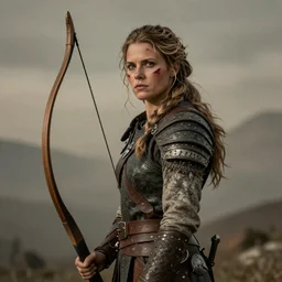 a portrait of a female Viking warrior, rustic and weathered, holding a bow, retro, with a scar on her face. trending on artstation, ambient lighting, 4k render, ultra hd, behance art