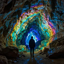 a man going into rainbow cave ,dreamy ,glowing, 8k