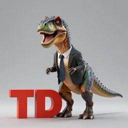 a velociraptor in a business suit giving a TED Talk