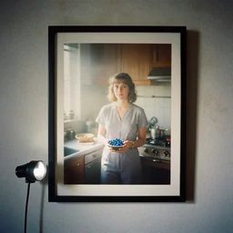 kodak portra 4 0 0, wetplate, flashlight, 8 5 mm carl zeiss, blueberry, award - winning colour portrait by britt marling : a sunlit 1 9 6 0 s kitchen, quadratic quadratic picture frames, haze, wallpaper, fog, no people