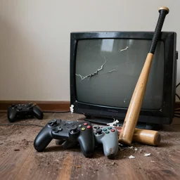 destroyed game controller next to a broken tv and a baseball bat