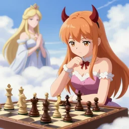 cell shaded, anime cute teenage devilgirl in heaven playing chess with a female goddess, wlop, ilya kuvshinov, artgerm, krenz cushart, greg rutkowski, hiroaki samura, range murata, james jean, katsuhiro otomo, erik jones