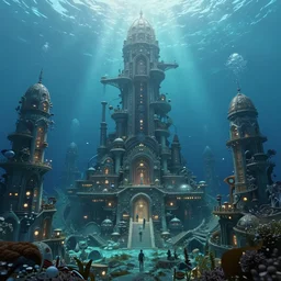 masterpiece artwork of a underwater city civilization, au naturel, hyper detailed, digital art, trending in artstation, behance, deviantart, cinematic lighting, studio quality, smooth render, unreal engine 5 rendered, octane rendered, art style by kim jung gi and greg rutkowski