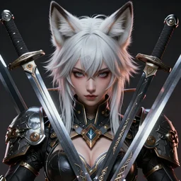 cyberpunk battle princess with white fox ears and swords, detailed symmetrical close up portrait, intricate complexity, in the style of artgerm and ilya kuvshinov, cel shaded, 4 k, concept art, by takato yamamoto, wlop, artgerm, krenz cushart. zbrush sculpt, octane, houdini, vfx. cinematic dramatic atmosphere, sharp focus, volumetric lighting, cinematic lighting, studio quality