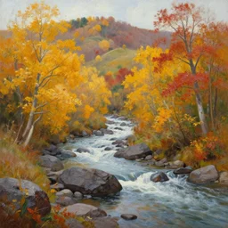 A beautiful landscape oil painting of a hill with trees, the fall has arrived and the leafs started to become golden and red, the river is zigzagging and flowing its way, the river has lots of dark grey rocks, by Greg Rutkowski