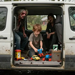 a kid playing with his toys in a van in the zombie apocalypse style while their parents are watching him by greg rutkowski