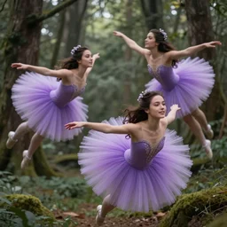 brunette fairy women wearing purple romantic tutus flying around a forest, fantasy art, highly - detailed, sharp focus, elegant, beautiful, amazing, astonishing, marvelous, incredible, trending on artstation