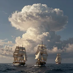 Tallships sailing through cumulonimbus clouds, by Rolf Armstrong and Evelyn De Morgan and Bastien Lecouffe-Deharme, dramatic lighting, high contrast colors, baroque, empyrean, panoramic view, as trending on Artstation, highly detailed, doom engine,