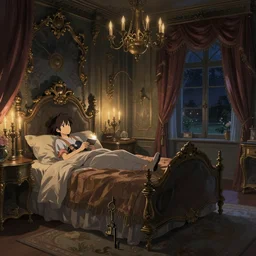 an ornate victorian bedroom at night. 1 8 9 0, key visual, conceptart, low candlelight, highly detailed, digital painting, artstation, concept art, sharp focus, by makoto shinkai and akihiko yoshida and greg manchess