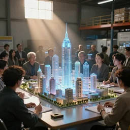 large group people in a warehouse, surrounding hologram of futuristic city on a table, cinematic concept art, godrays, golden hour, natural sunlight, 4 k, clear details, tabletop model buildings, tabletop model, hologram center