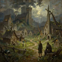 oil painting of fantasy elven village inspired by lord of the rings by marc simonetti, mood lighting, trending on artstation