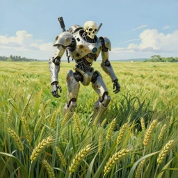 a vast fairy - tale wonderland painting of a frightening skullpunk mecha walking across a field of healthy wheat ready for the harvest, the blades green and tall, the stalks vibrant and alive with energy. by greg rutkowski, hayao miyazaki, studio ghibli smooth concept art, 4 k matte thomas kinkade, ted nasmith, key art, artstation, alphonse mucha, incredible amazingly beautiful oil painting