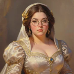 detailed painting of mei from overwatch as an elegant medieval noblewoman, by brian froud and dan mumford, detailed face, beautiful soft silky dress, intricate, soft lighting, hyper realistic, mood light, golden hour, glasses, chubby |