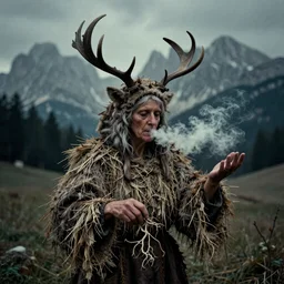 1 9 2 0 s spirit portrait photography of an old female farmer turning into a krampus ghost with hay cloth and antlers in the dolomites, smoke from mouth, casting a root spell, inviting hand, witchy, wicca, by william hope, dark, eerie, grainy
