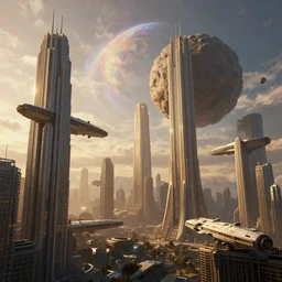 The futuristic sci-fi city has tall brutalist architecture buildings, some giant spaceships are leaving the city, a gigantic asteroid is about to hit the city, the background has a detailed heavenly and iridescent light, matte painting, concept art, dramatic lighting, golden hour, 4k, 8k, trending on Artstation, realistic