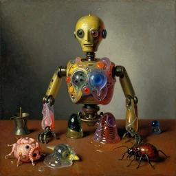 strange robot body, disturbing colorful oil painting dutch golden age vanitas still life sparse composition with bizarre objects strange gooey transparent surfaces shiny metal reflections bizarre mutant meat insects rachel ruysch dali todd schorr very detailed perfect composition rule of thirds masterpiece canon 5 0 mm, cinematic lighting, photography, retro, film, kodachrome