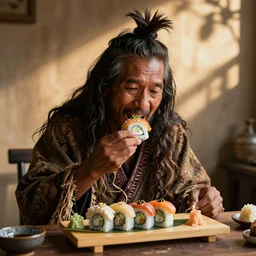 aborigine eating sushi